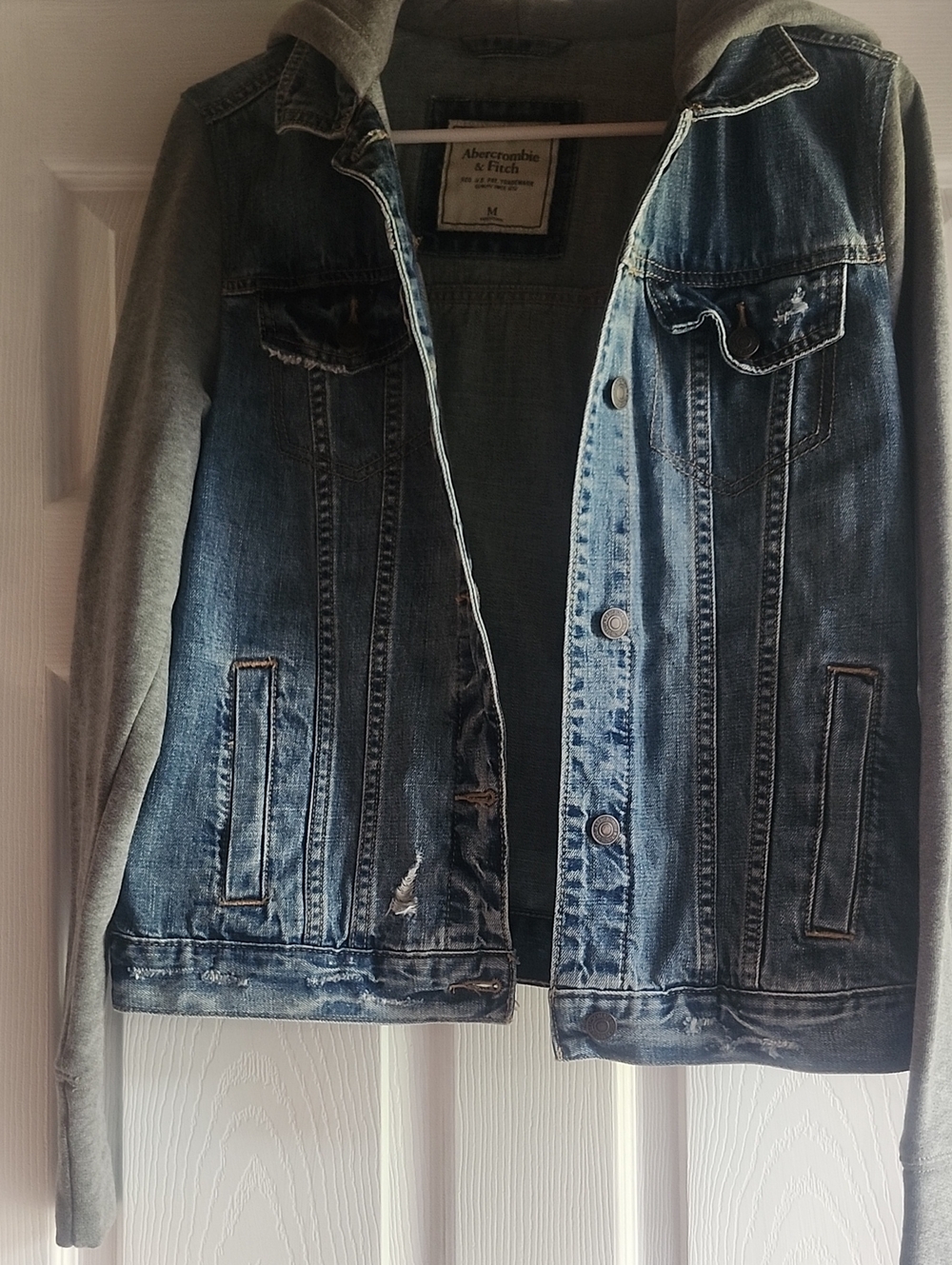 Abercrombie & Fitch Ladues Blue Denim Jacket with Gray Hoodie Sleeves